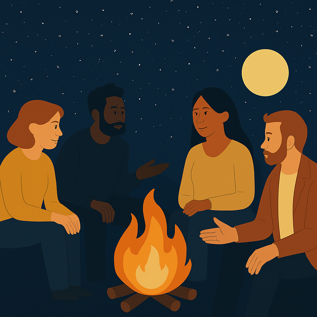People connecting in a supportive group setting around a campfire